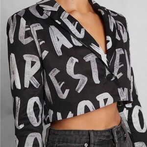 SHEIN Black and Gray Graphic Crop Blazer